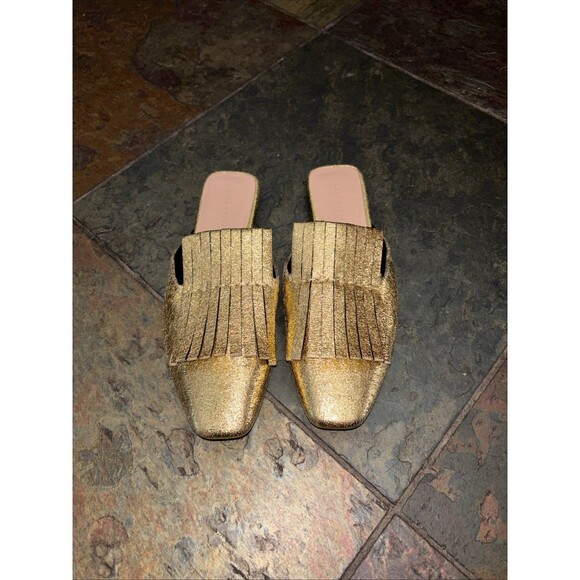 Zara Gold Square Toe Mules Slides Metallic Women Fringe EU 38 - Picture 8 of 11